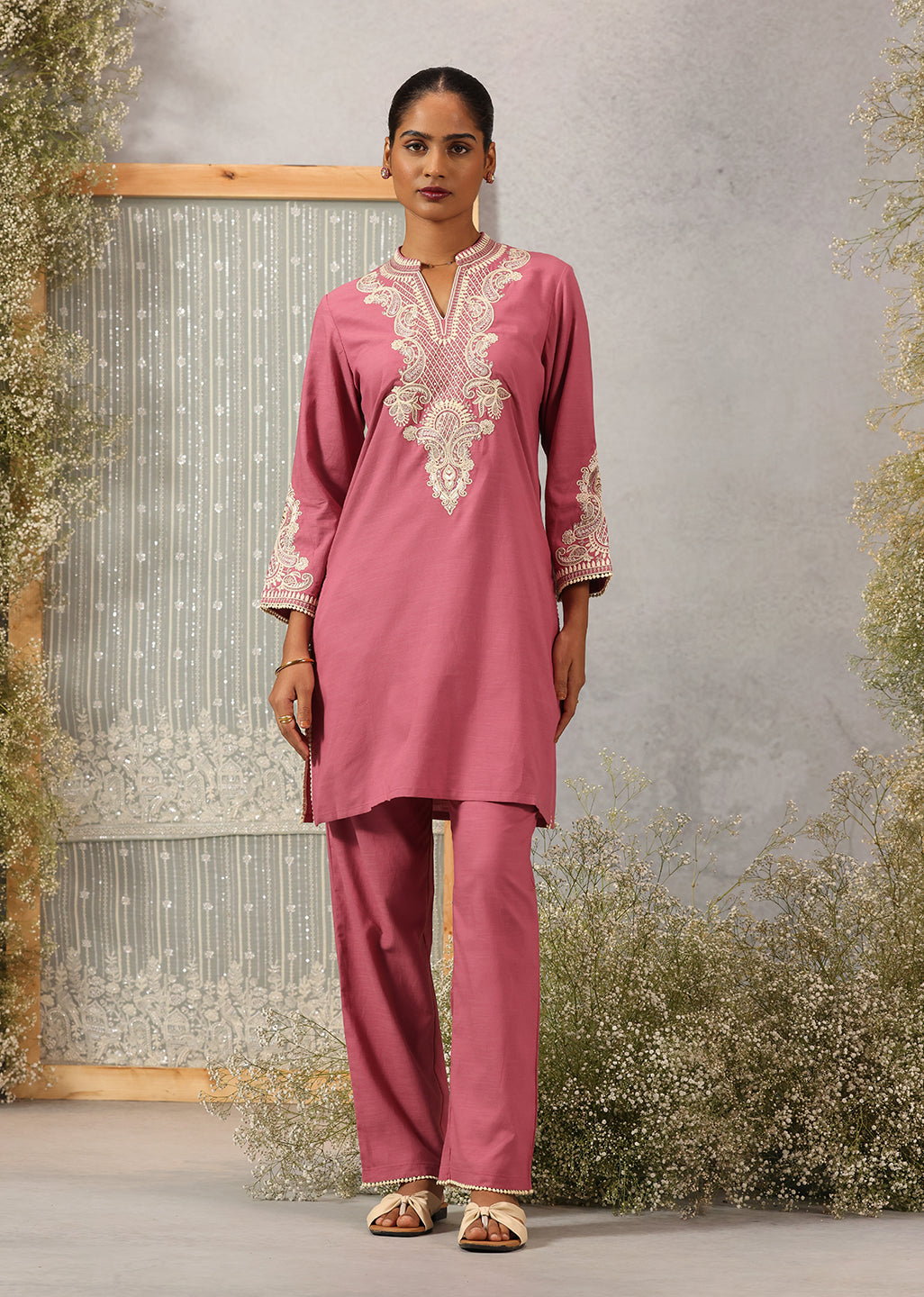 Dry Rose A-line Embroidered Georgette Kurta Set for Women
