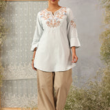 Spa Blue Cotton Kurti with Floral Embroidery
