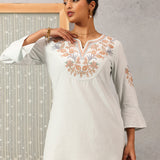 Spa Blue Cotton Kurti with Floral Embroidery