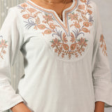 Spa Blue Cotton Kurti with Floral Embroidery