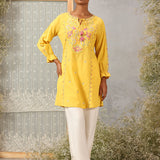 Yellow Phool Collection Kurti With Multi-Colour Embroidery