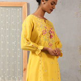 Yellow Phool Collection Kurti With Multi-Colour Embroidery
