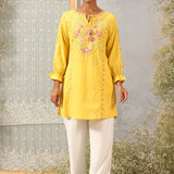 Yellow Phool Collection Kurti With Multi-Colour Embroidery