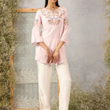 Pink Cotton Kurti with Floral Embroidery