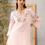 Pink Cotton Kurti with Floral Embroidery