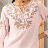 Pink Cotton Kurti with Floral Embroidery