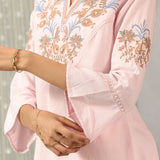 Pink Cotton Kurti with Floral Embroidery