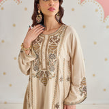 Zoya Oat Cream Zari Embroidered A-Line Suit Set