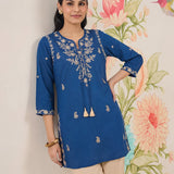 Afiya Blue Cotton Blend Embroidered Kurti