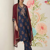 Mehr Navy Printed Cotton Blend Suit Set with Dupatta