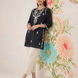 Afiya Black Cotton Blend Embroidered Kurti