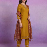Mustard Embroidered Suit Set with contrast Dupatta