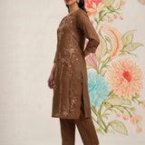 Jogan Brown Embroidered Chanderi Kurta Set