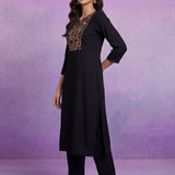 Black Cotton Blend Embroidered Co-ord Set