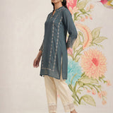 Akshi Teal Embroidered A-line Linen-blend Tunic