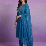 Blue Embroidered Straight Suit Set with Dupatta