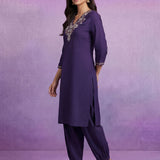 Purple Cotton Blend Embroidered Sequin Work Kurta set with Dupatta