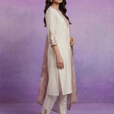 Ivory Silk Embroidered A-Line Kurta set with Dupatta