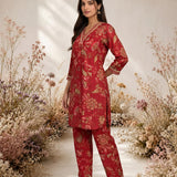 Dark Pink Metallic Print & Pearl Kurta Set