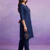 Blue Cotton Blend Embroidered Kurta Set
