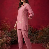 Peach Embroidered Cotton Blend Regular Co-ord Set