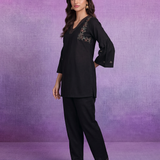 Black Embroidered V-Neck Co-ord Set