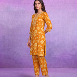Mustard Floral Printed Viscose Rayon Dori Embroidered Straight Co-ord Set