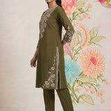 Sarina Olive Embroidered Cotton Co-ord Set for Women