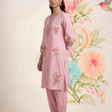 Saavan Pink Embroidered Cotton blend Kurta Set