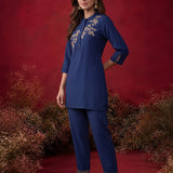 Navy Solid Cotton Straight Co-Ord Set