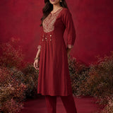 Red Embroidered Cotton Blend Kurta Set