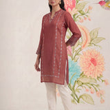 Akshi Red Embroidered A-line Linen-blend Tunic