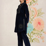 Firdaus Navy Embroidered Velvet Co-ord Set for Women