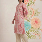 Rysa Light Pink Printed Linen A-line Kurta for Women