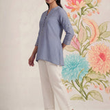 Celia Smokey Blue Embroidered Rayon Top for Women