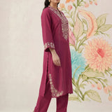 Saroja Dark Fuchsia Embroidered A-line Kurta Set