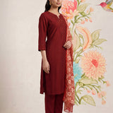 Ragini Maroon Embroidered Straight Suit Set with Dupatta