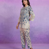 Blue Floral Placement Print Linen Co-ord Set