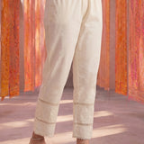 Ivory Lycra Straight Embroidered Palazzo