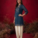 Dark Teal Embroidered Chinon Tunic