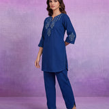 Royal Blue Floral Embroidered Co-ord Set