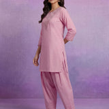 Pink Embroidered Cotton blend Kurta Set