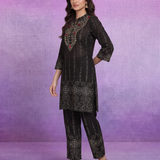 Black Pure Cotton Bandhani Print Straight Kurta with Mirror Embroidery & Palazzo Set