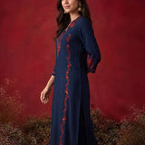 Navy Blue Embroidered Cotton Blend Everyday Kurta