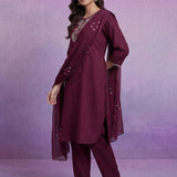 Wine Embroidered Straight Suit Set with Dupatta