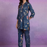 Blue Cotton Blend Printed Sequin Co-ord Set
