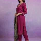 Fuchsia Embroidered Suit Set with contrast Dupatta