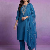 Blue Embroidered Straight Suit Set with Dupatta