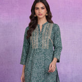 Teal  Luckhnavi Embroidered Bandhani Print A-Line Tunic