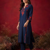 Navy Blue Embroidered Cotton Blend Everyday Kurta